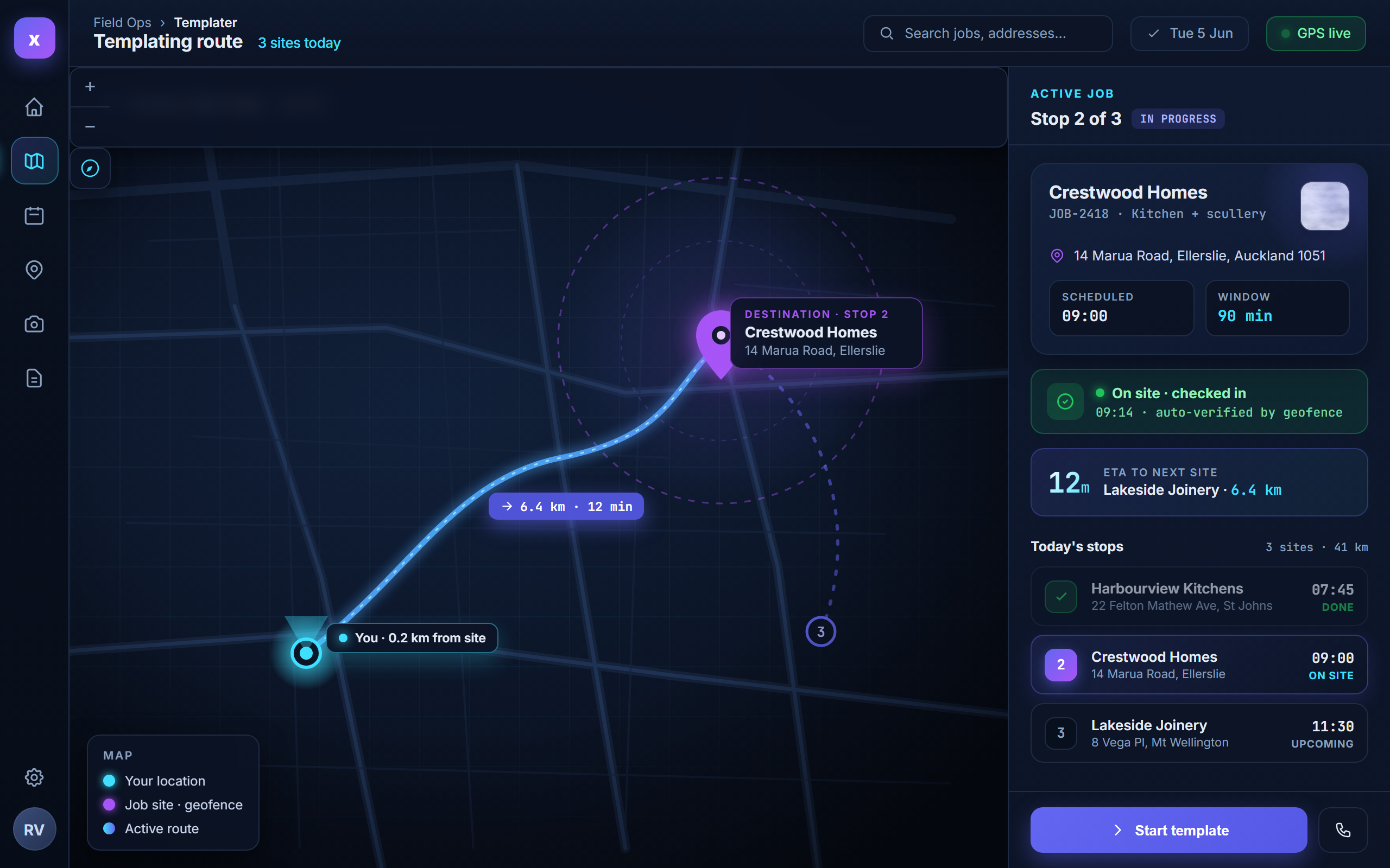 templater GPS route and geofenced check-in