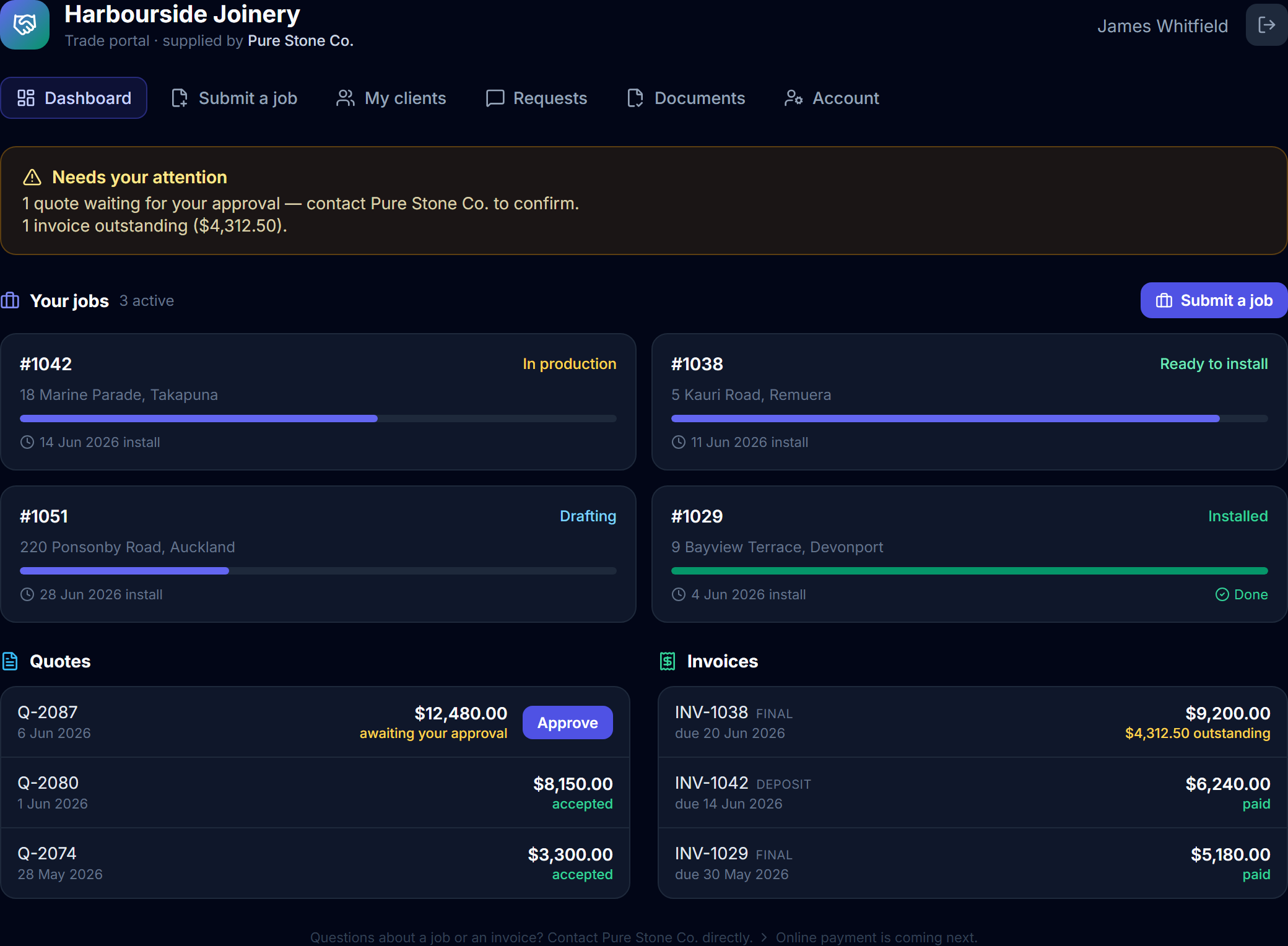 xM-Trade portal: jobs with live status, quotes and invoices